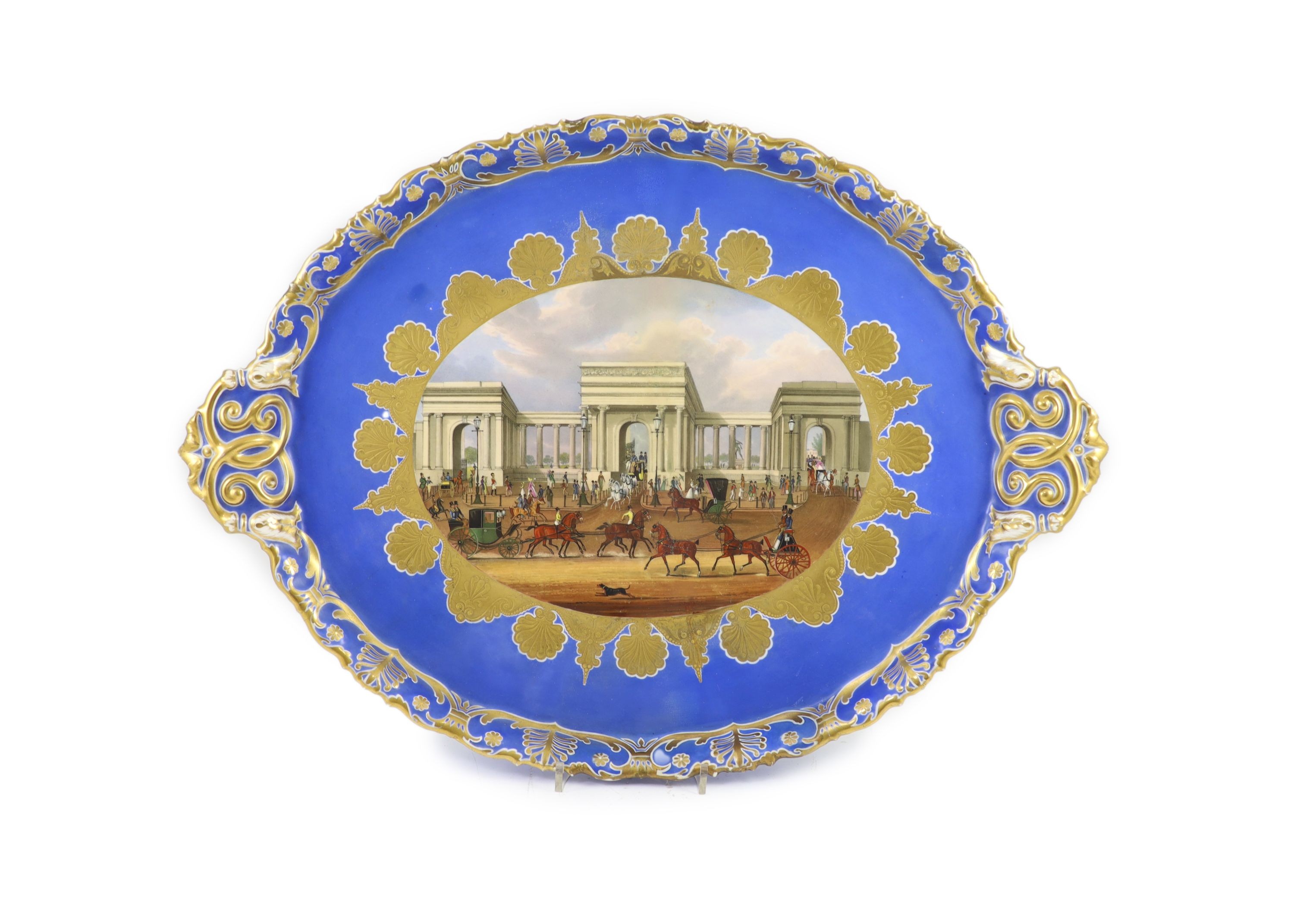 A large Chamberlains Worcester porcelain tray, c.1835, 58cm, restored